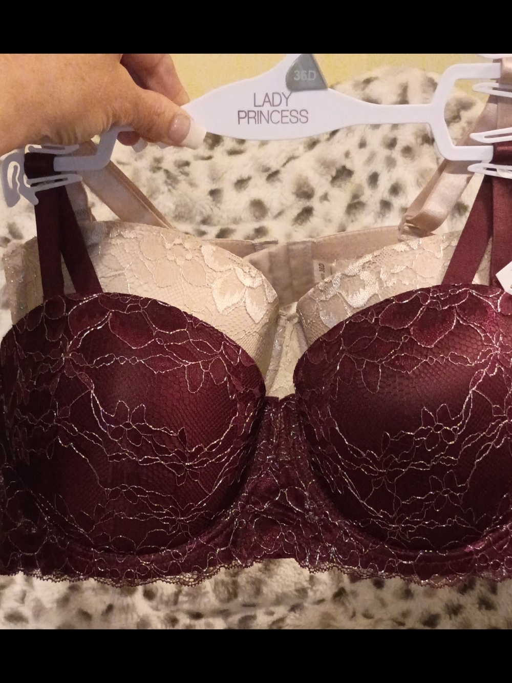 🔥SEXY LACE💋36D Underwire Lady Princess👑Burgundy Beige Balconette Bra 2 Pack